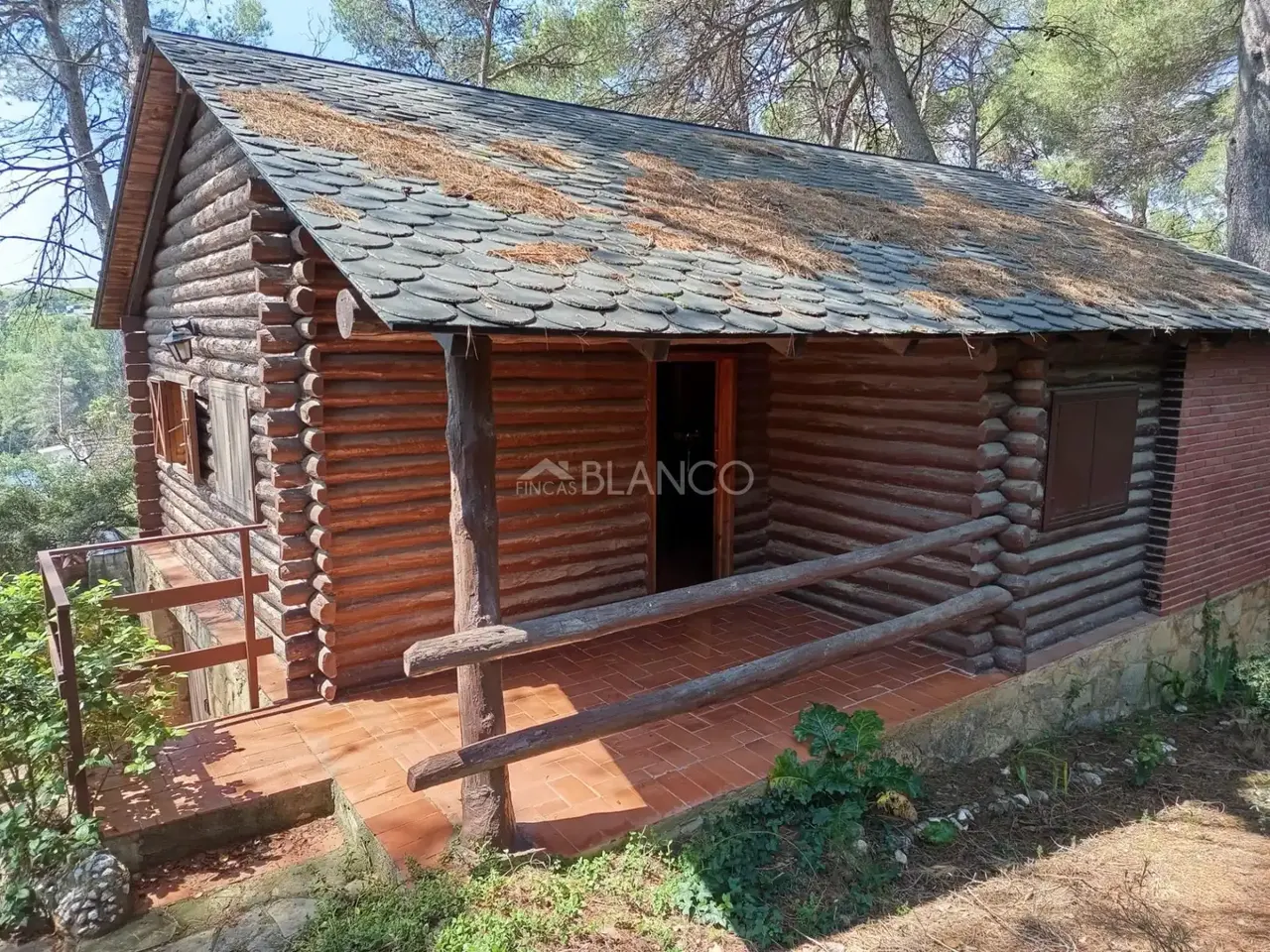 Log-and-stone mountain house among pines, sold furnished
